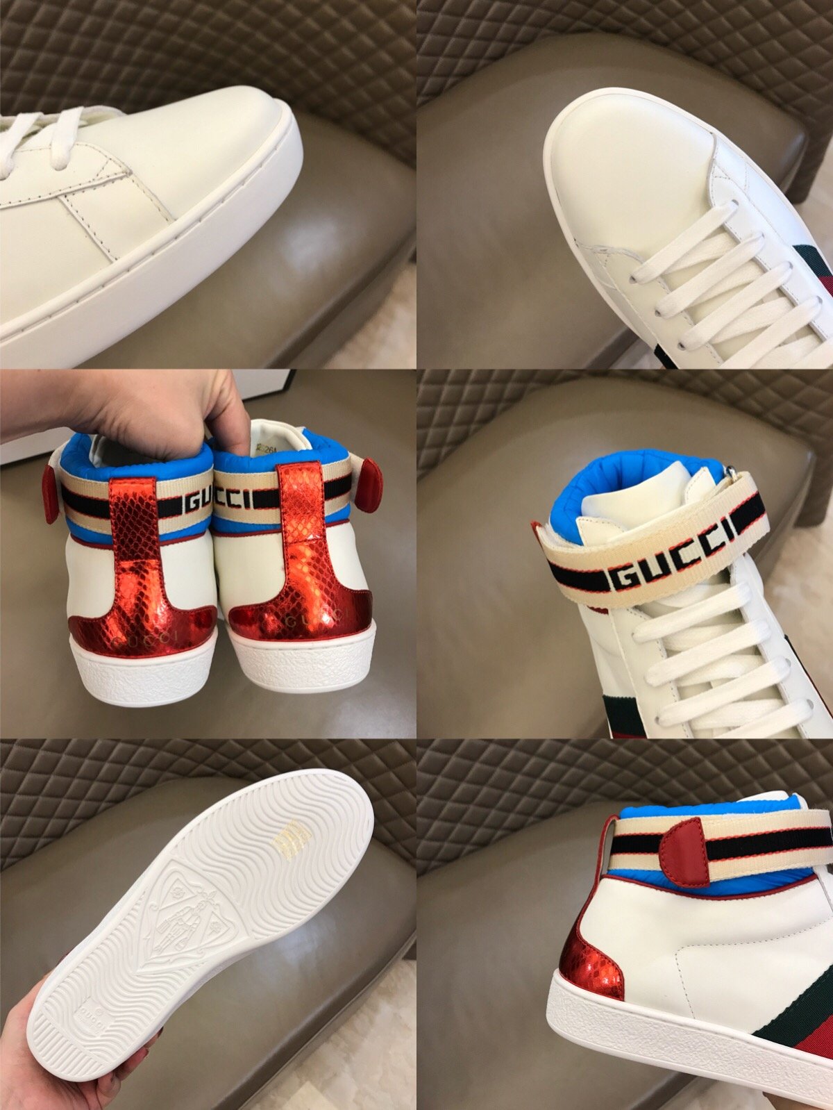 Gucci High-top High Quality Sneakers White and blue details with white sole MS021168