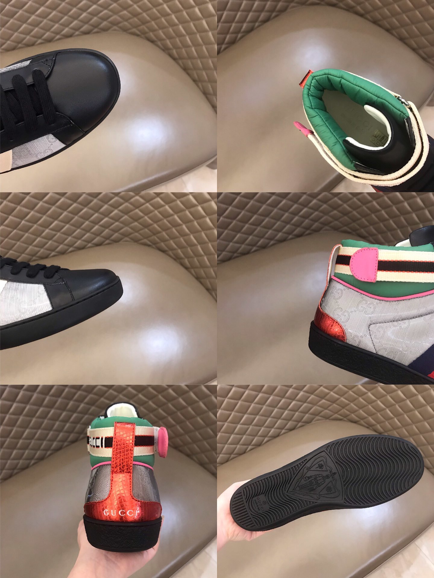 Gucci High-top High Quality Sneakers Silver and green details and black sole MS021159
