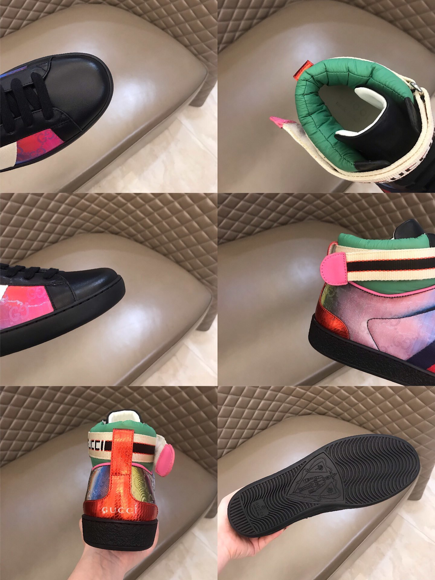 Gucci High-top High Quality Sneakers Iridescent and green details with black sole MS021161
