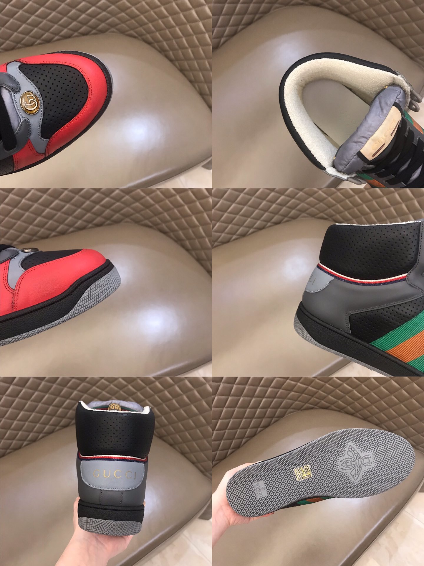 Gucci High-top High Quality Sneakers Grey and red details with black sole MS021153