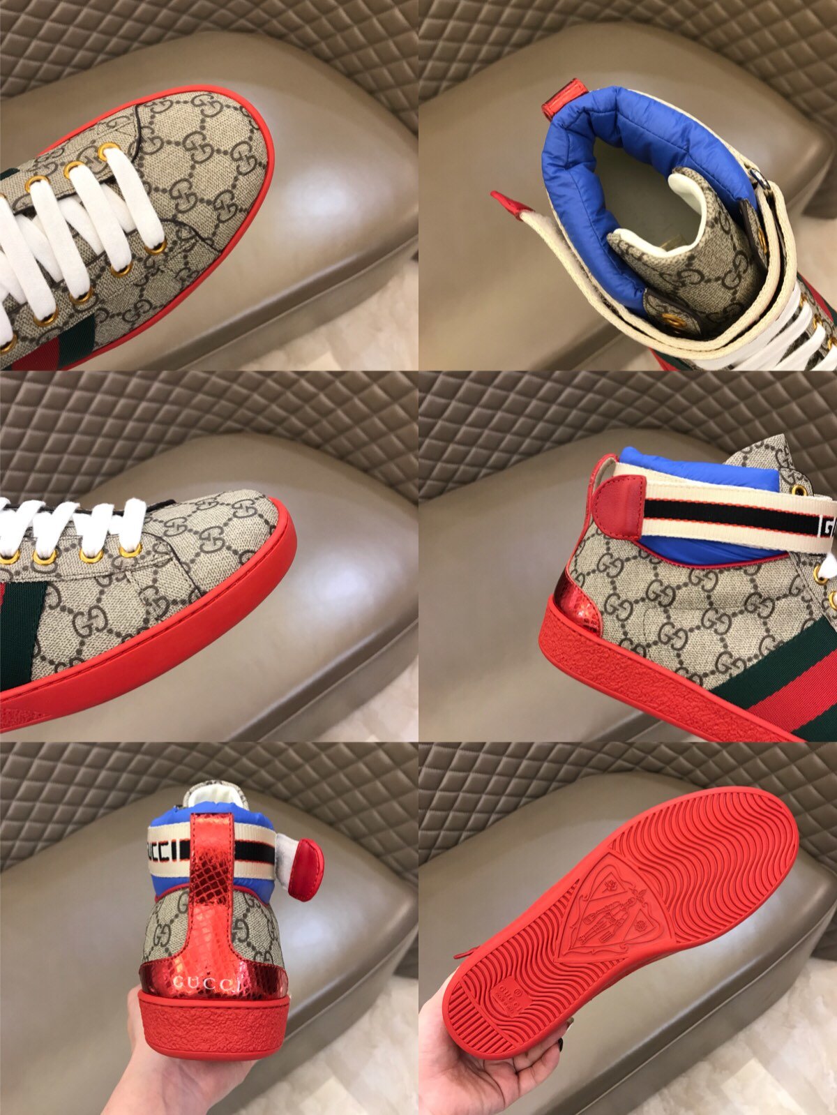 Gucci High-top High Quality Sneakers Ebony GG print with green details with red sole MS021162