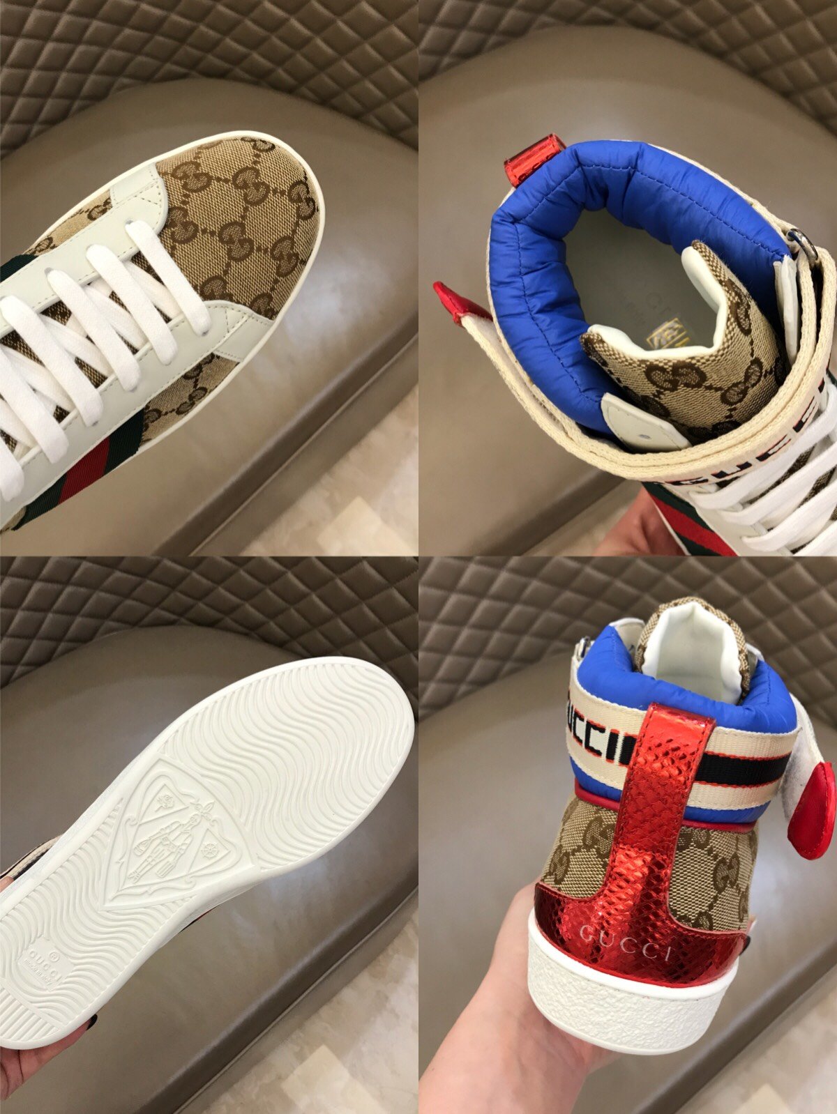 Gucci High-top High Quality Sneakers Ebony GG print with blue details with white sole MS021167