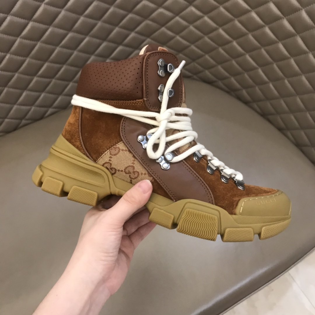 Gucci High-top High Quality Sneakers Brown suede and GG mesh with brown rubber sole MS021073