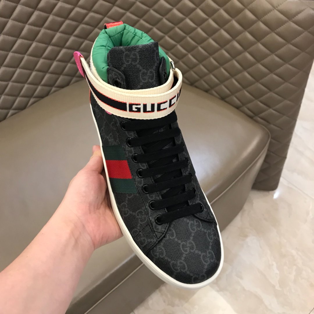 Gucci High-top High Quality Sneakers Black GG print and green details with white sole MS021163