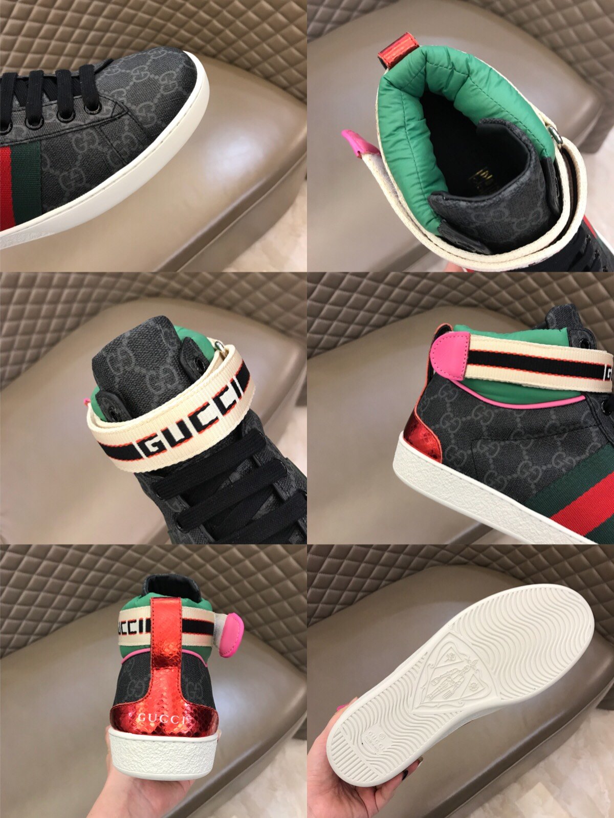 Gucci High-top High Quality Sneakers Black GG print and green details with white sole MS021163