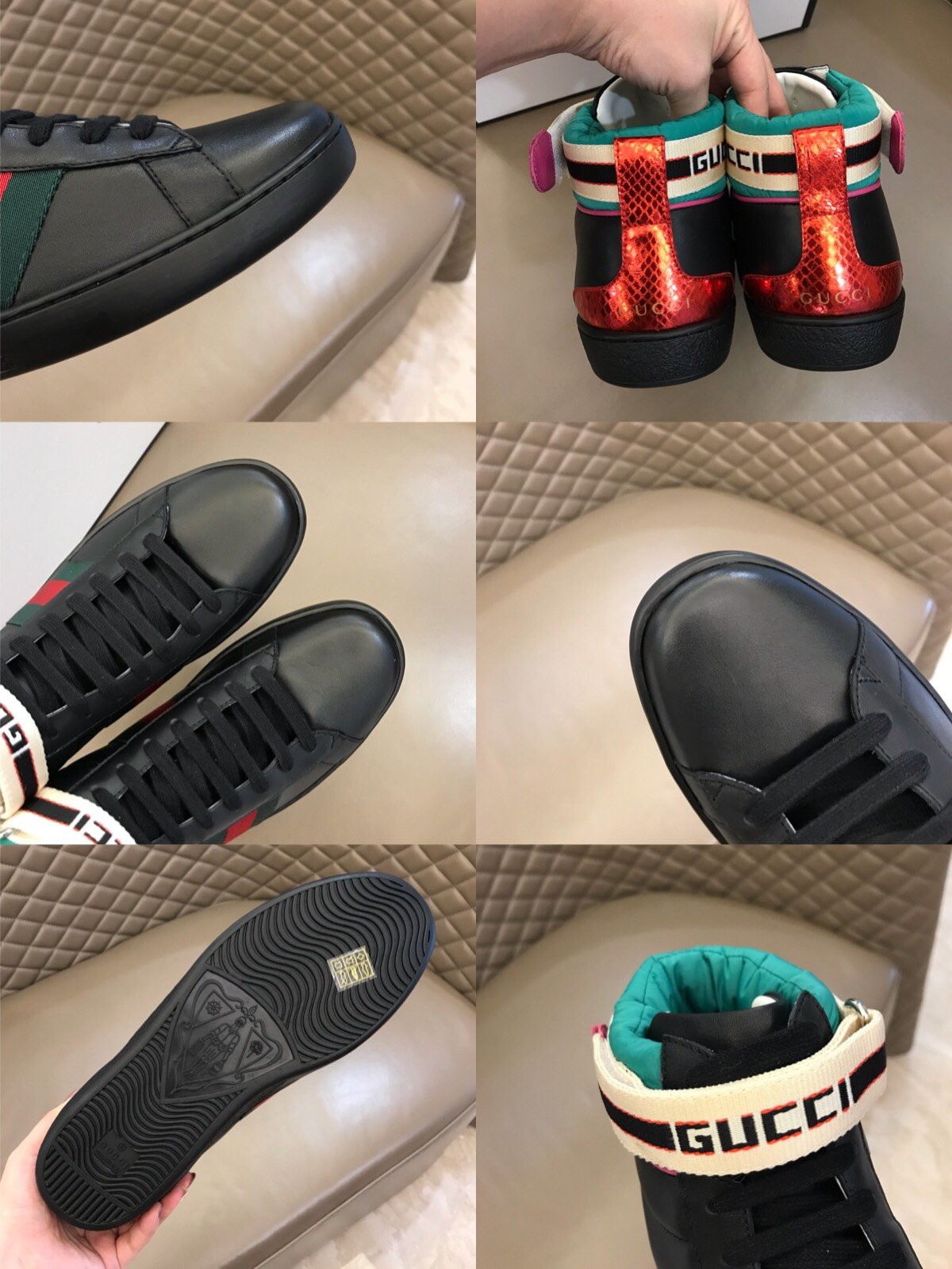 Gucci High-top High Quality Sneakers Black and green details with black sole MS021169