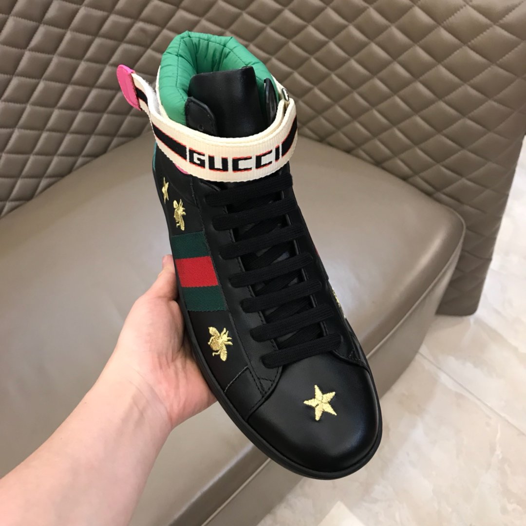 Gucci High-top High Quality Sneakers Black and gold bee embroidery with black sole MS021165