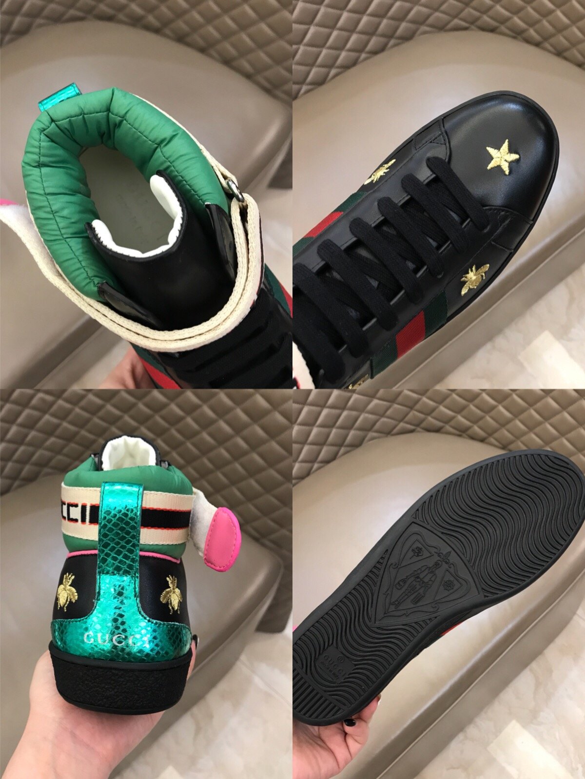 Gucci High-top High Quality Sneakers Black and gold bee embroidery with black sole MS021165