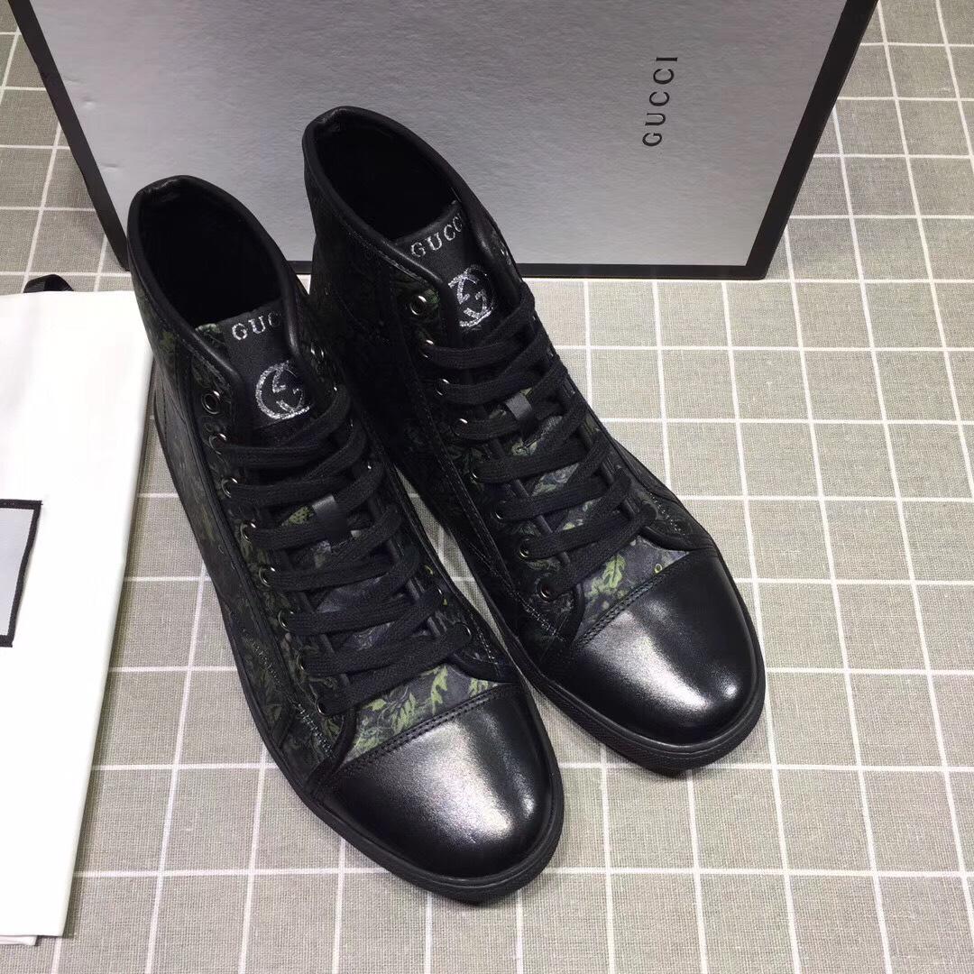 Gucci High-top Fashion Sneakers Black and green grass print with black sole MS07679