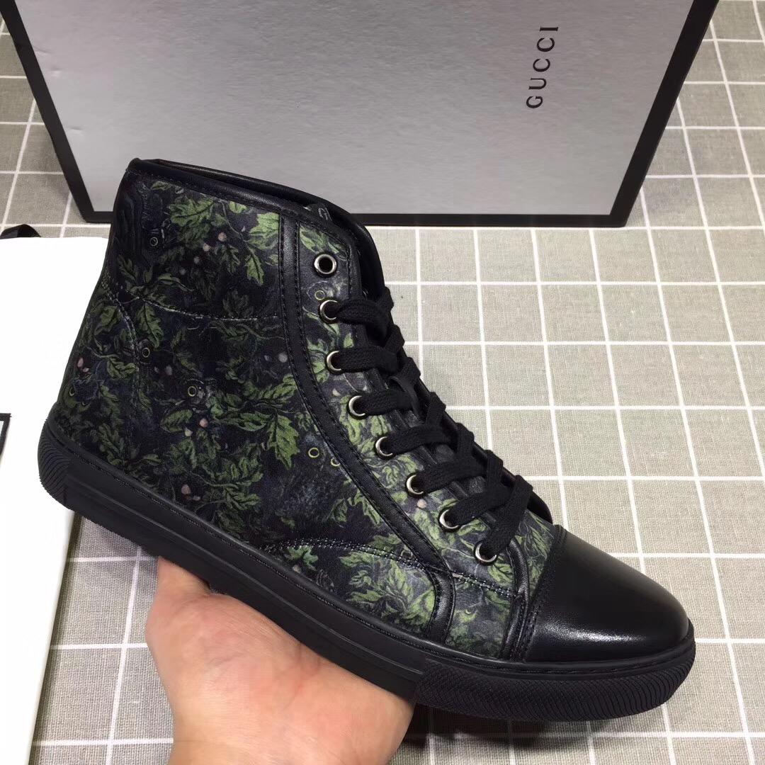 Gucci High-top Fashion Sneakers Black and green grass print with black sole MS07679