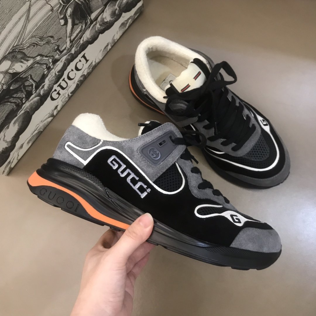 Gucci High Quality Sneakers Grey suede and black details with black sole MS021156