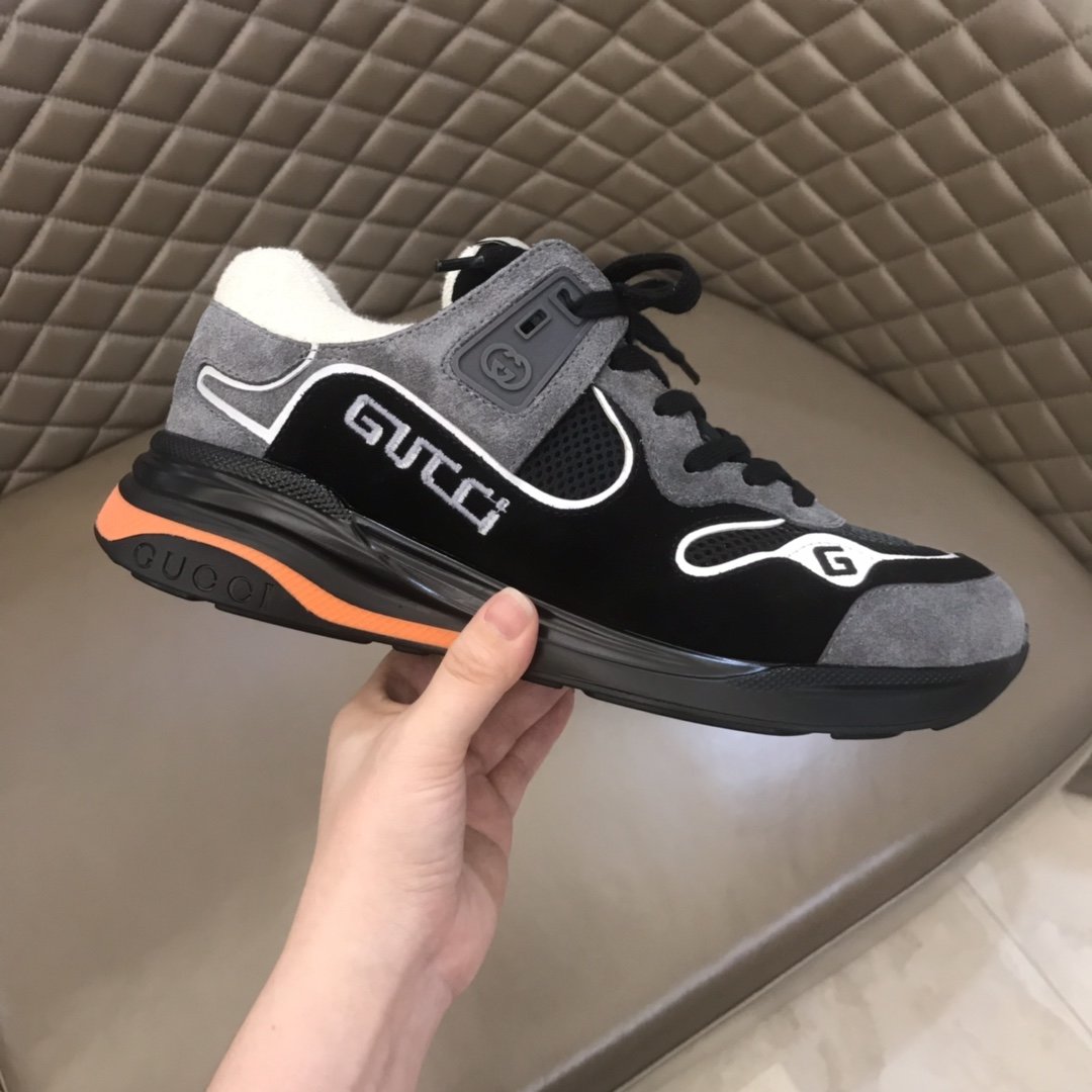 Gucci High Quality Sneakers Grey suede and black details with black sole MS021156