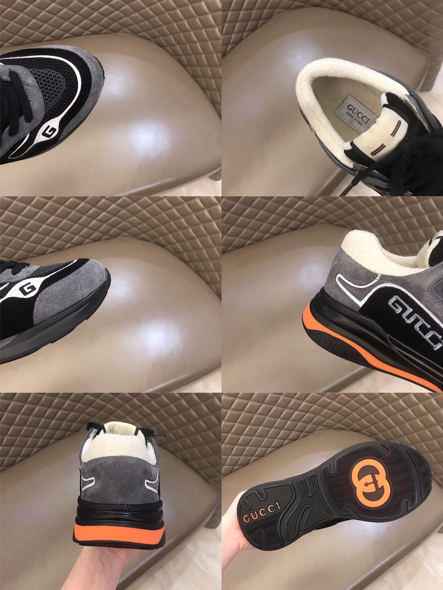 Gucci High Quality Sneakers Grey suede and black details with black sole MS021156