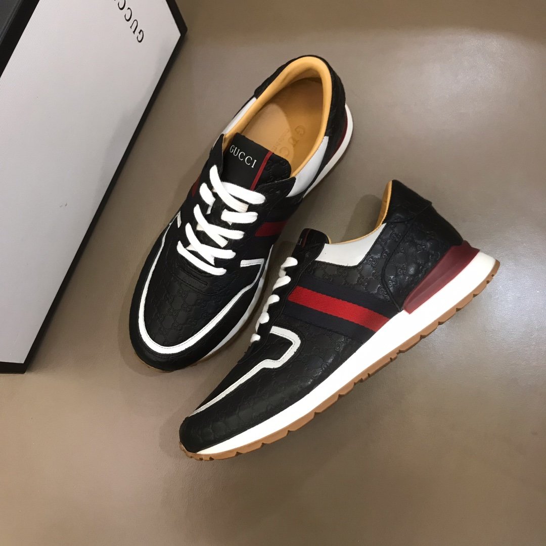 Gucci High Quality Sneakers Black Original GG Printed and burgundy detail and white rubber sole MS021086