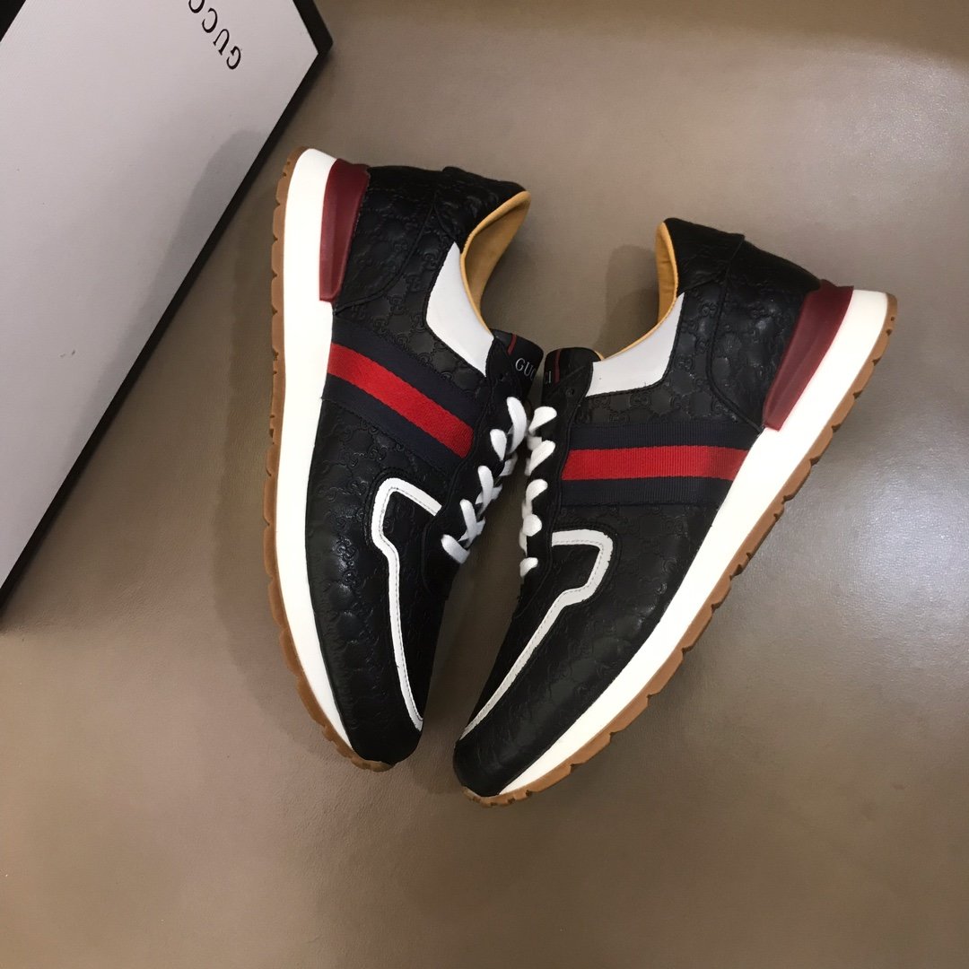 Gucci High Quality Sneakers Black Original GG Printed and burgundy detail and white rubber sole MS021086