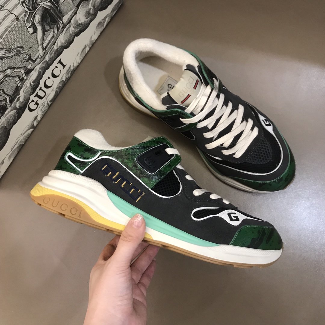 Gucci High Quality Sneakers Black and green suede and white sole MS021176