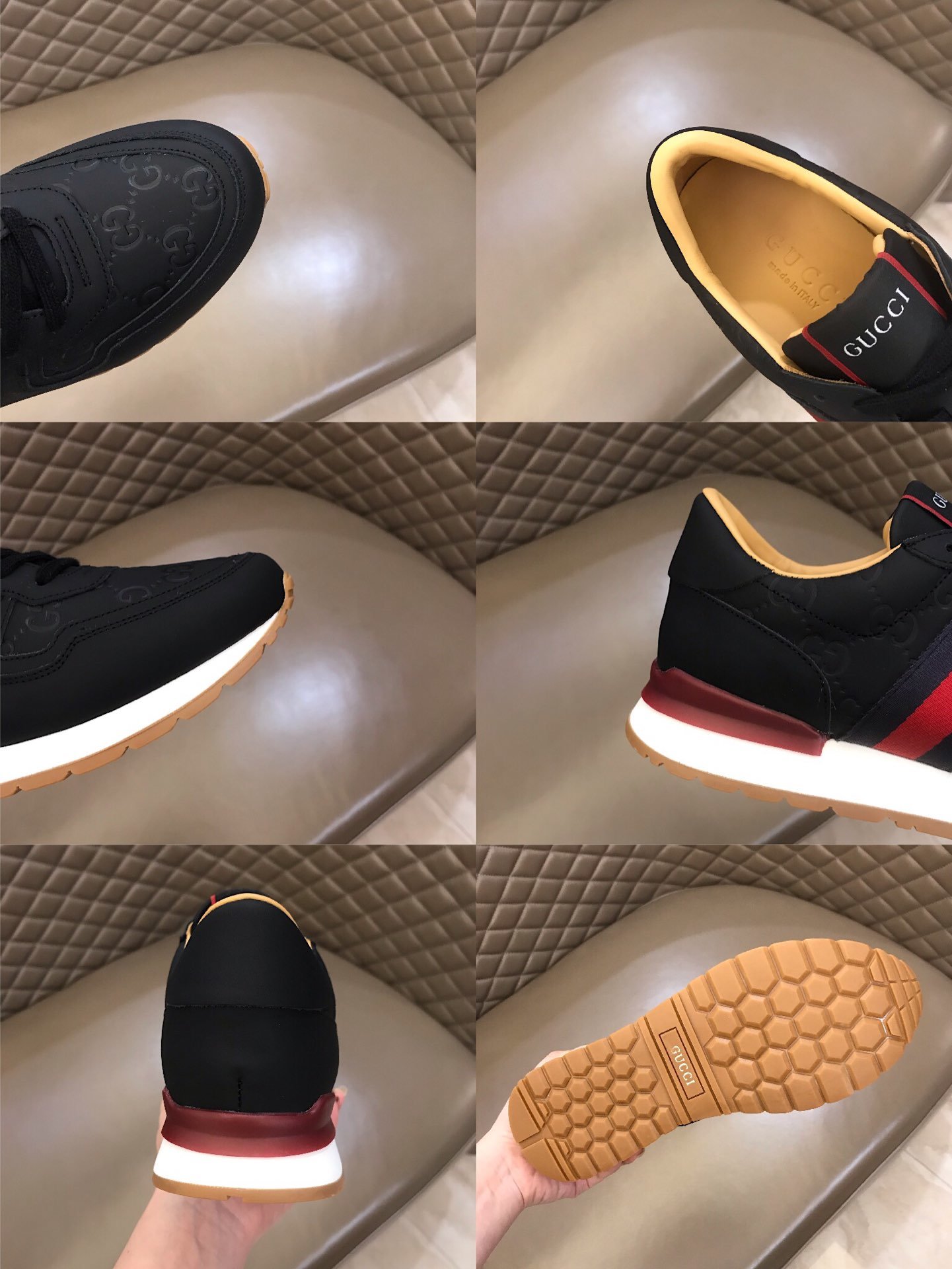 Gucci High Quality Sneakers Black and GG marking and burgundy details MS021084