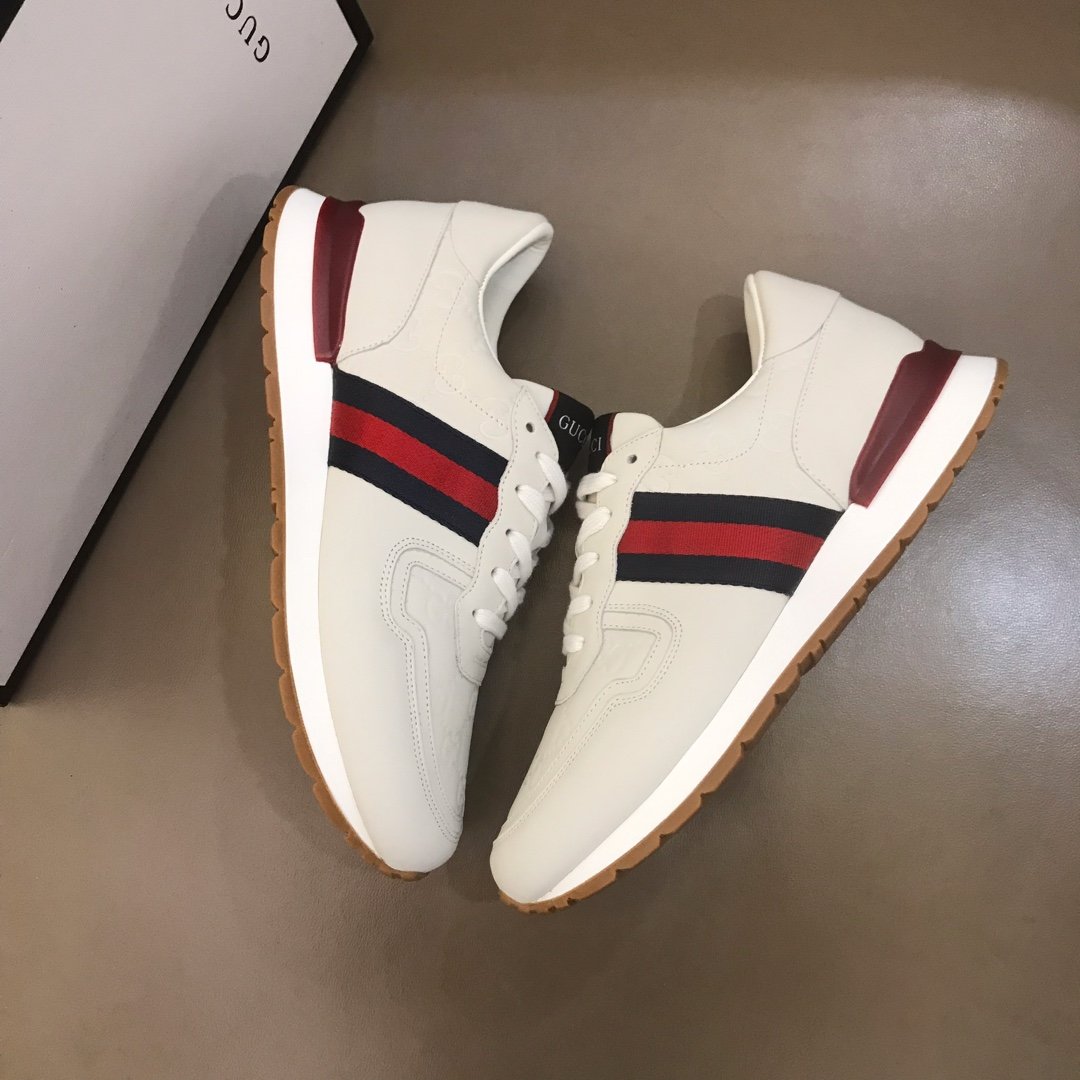 Gucci High Quality Sneakers Beige suede and burgundy details and white rubber sole MS021083