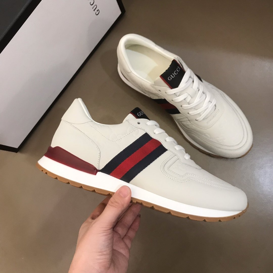 Gucci High Quality Sneakers Beige suede and burgundy details and white rubber sole MS021083