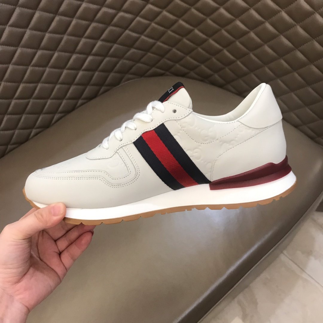 Gucci High Quality Sneakers Beige suede and burgundy details and white rubber sole MS021083