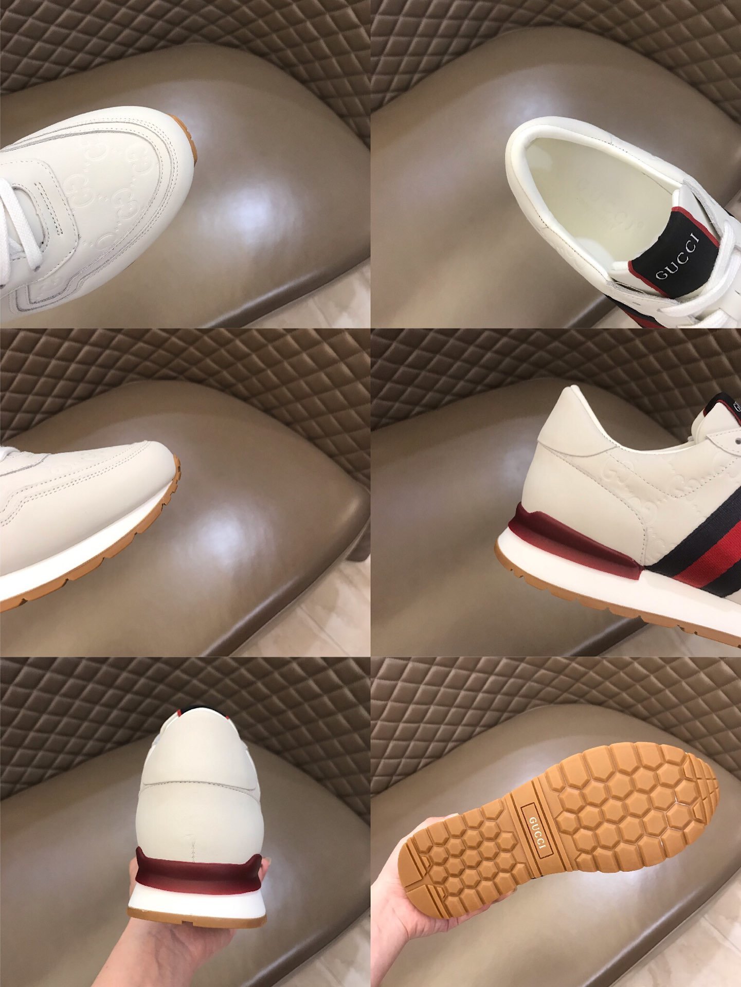 Gucci High Quality Sneakers Beige suede and burgundy details and white rubber sole MS021083