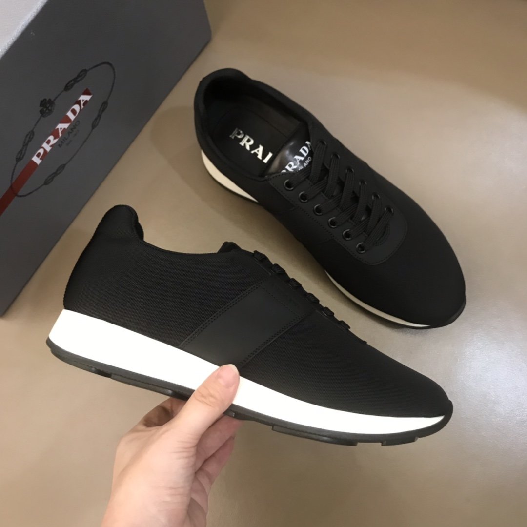 Prada High Quality Sneakers Black and black leather wet with white sole MS021118