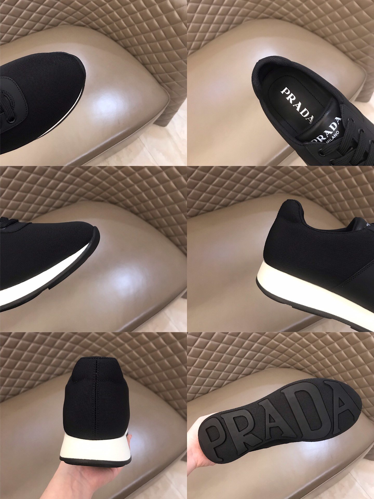 Prada High Quality Sneakers Black and black leather wet with white sole MS021118