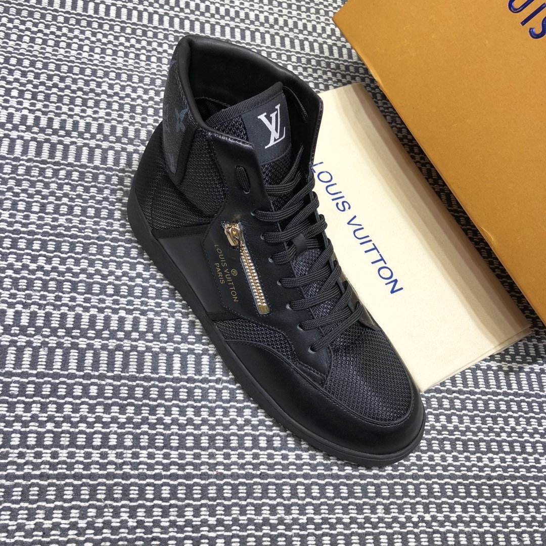 Louis Vuitton High-top High Quality Sneakers Black and Black Monogram Heel with Black Sole MS021099