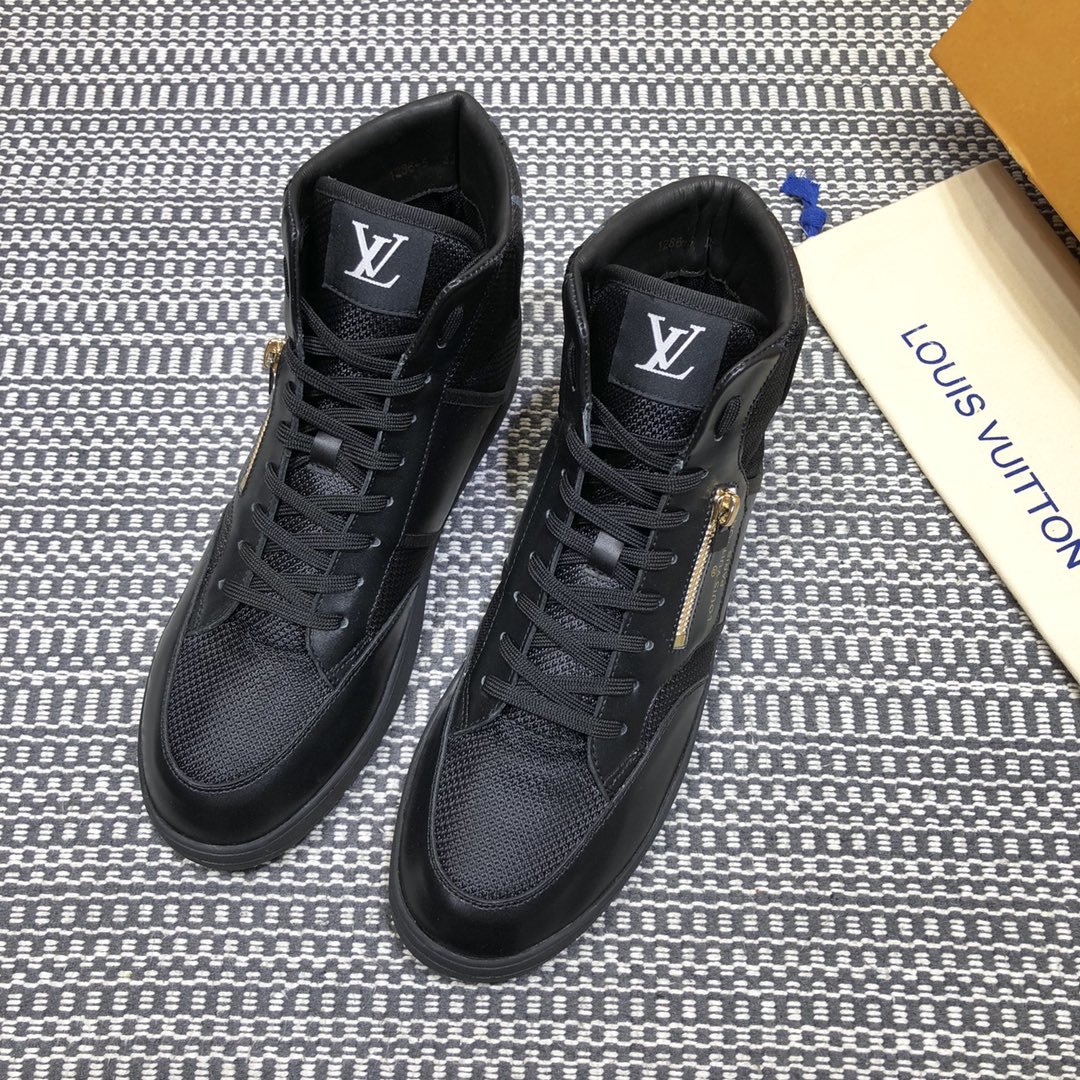 Louis Vuitton High-top High Quality Sneakers Black and Black Monogram Heel with Black Sole MS021099