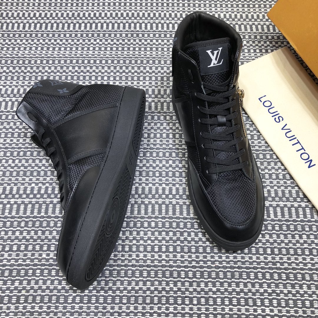 Louis Vuitton High-top High Quality Sneakers Black and Black Monogram Heel with Black Sole MS021099