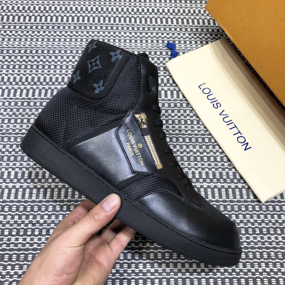 Louis Vuitton High-top High Quality Sneakers Black and Black Monogram Heel with Black Sole MS021099