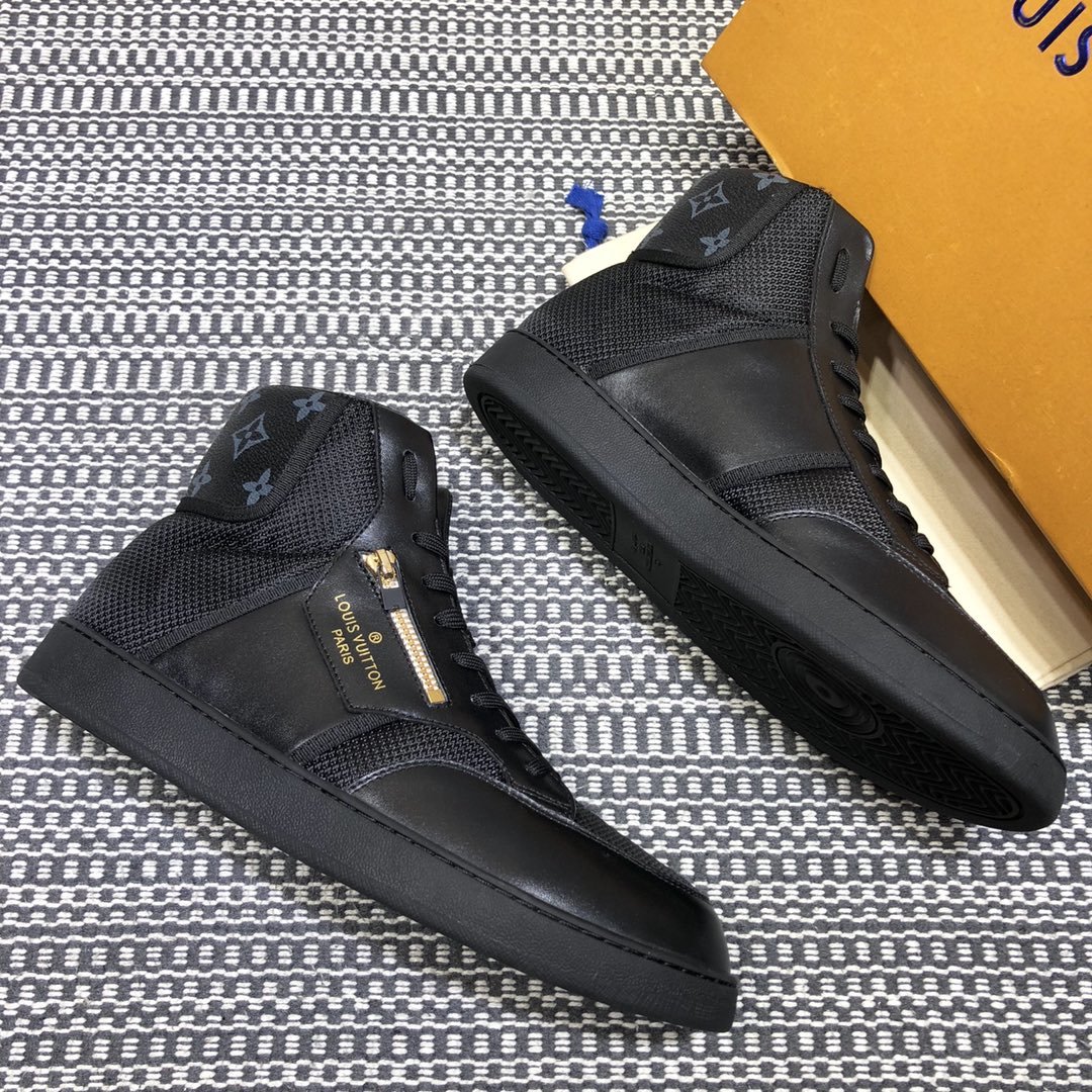 Louis Vuitton High-top High Quality Sneakers Black and Black Monogram Heel with Black Sole MS021099