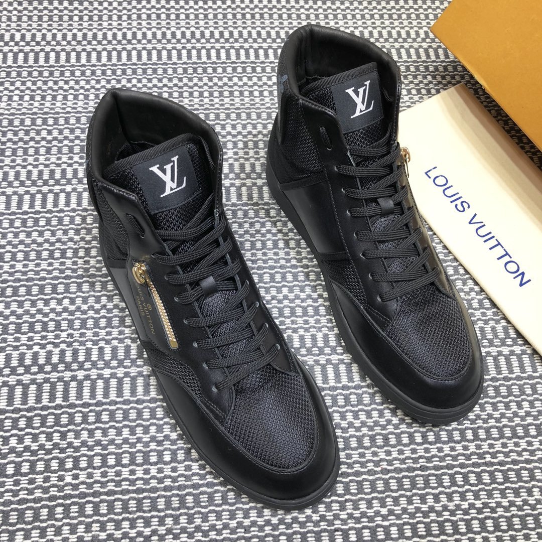 Louis Vuitton High-top High Quality Sneakers Black and Black Monogram Heel with Black Sole MS021099