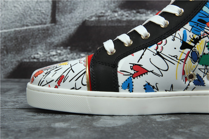 High Quality Christian Louboutin Hand Drawn Loubitag White Leather High Top Sneakers