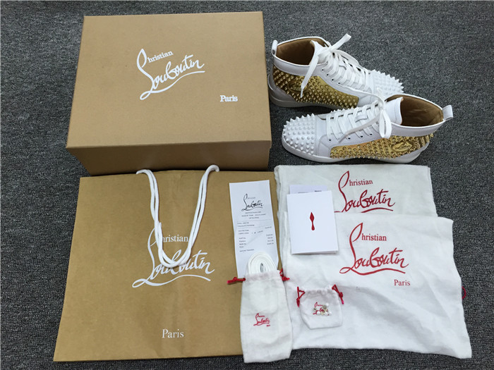 High Quality Christian Louboutin Flat High Top Spikes In Latte And Metallic Gold