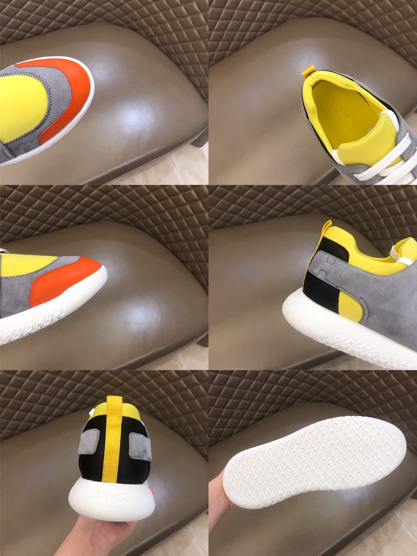 Hermes High Quality Sneakers Grey suede and Yellow tongue with White sole MS021091