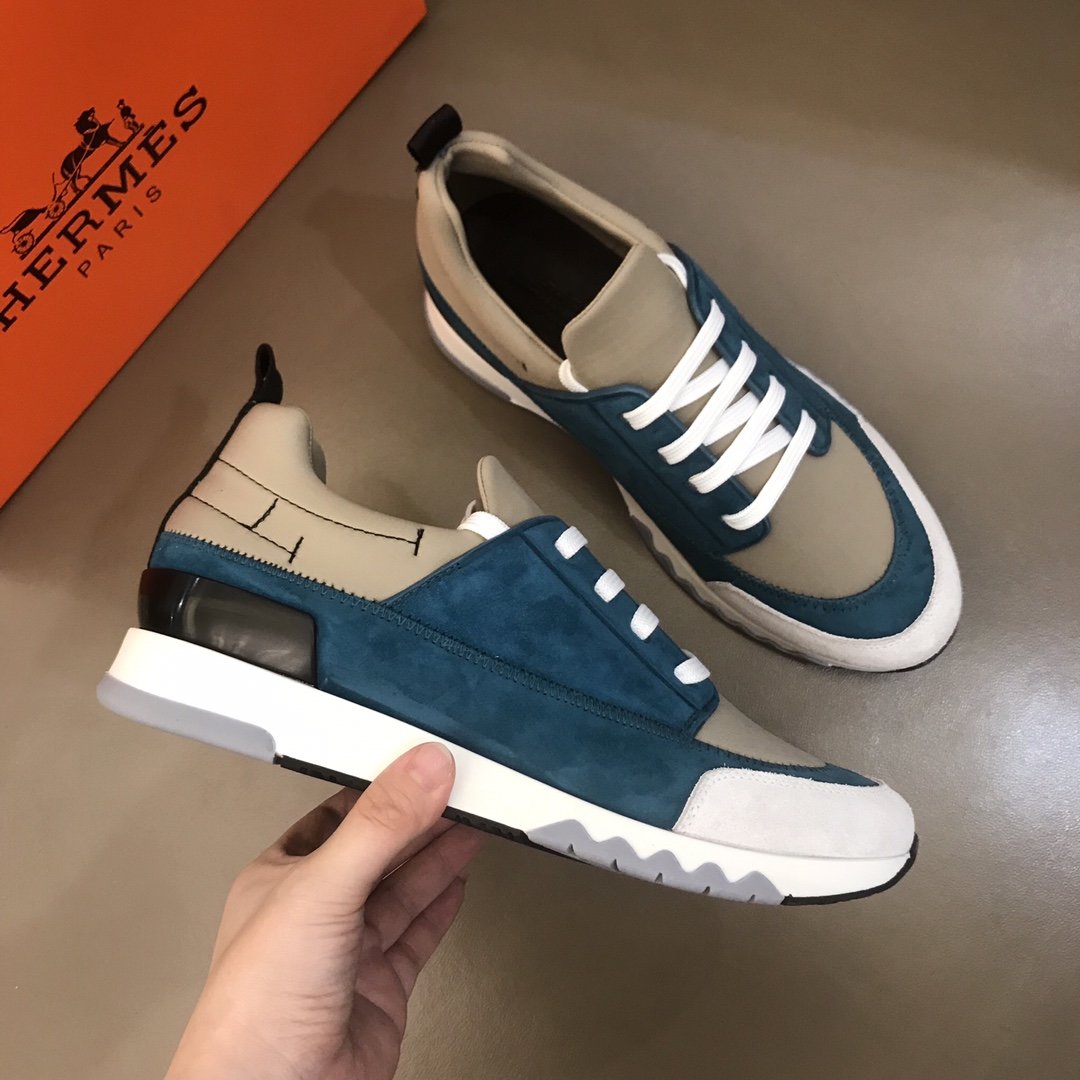 Hermes High Quality Sneakers Blue suede and Grey tongue with Two-tone sole MS021090