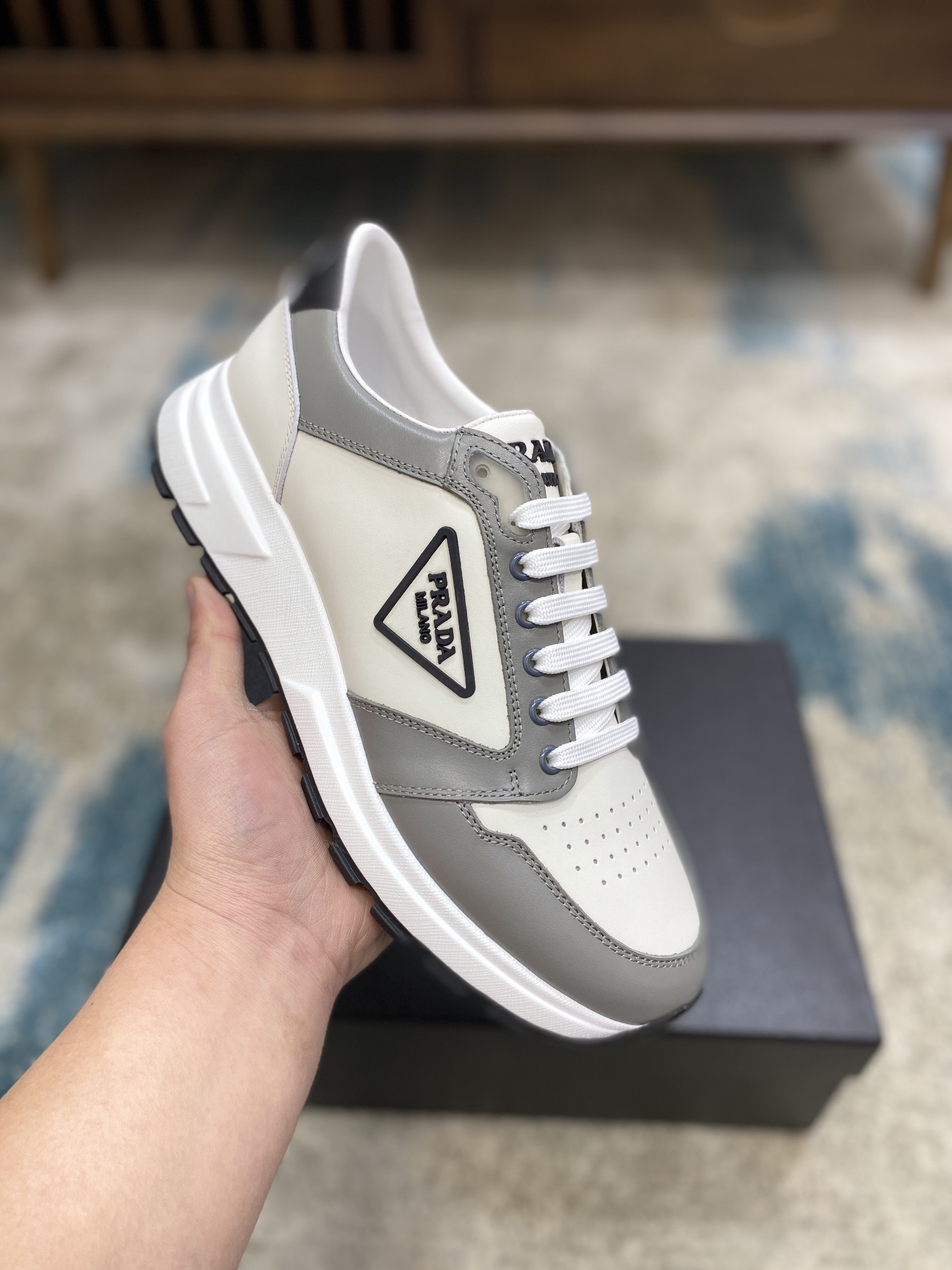 Prada Leisure Sneaker in White with Grey