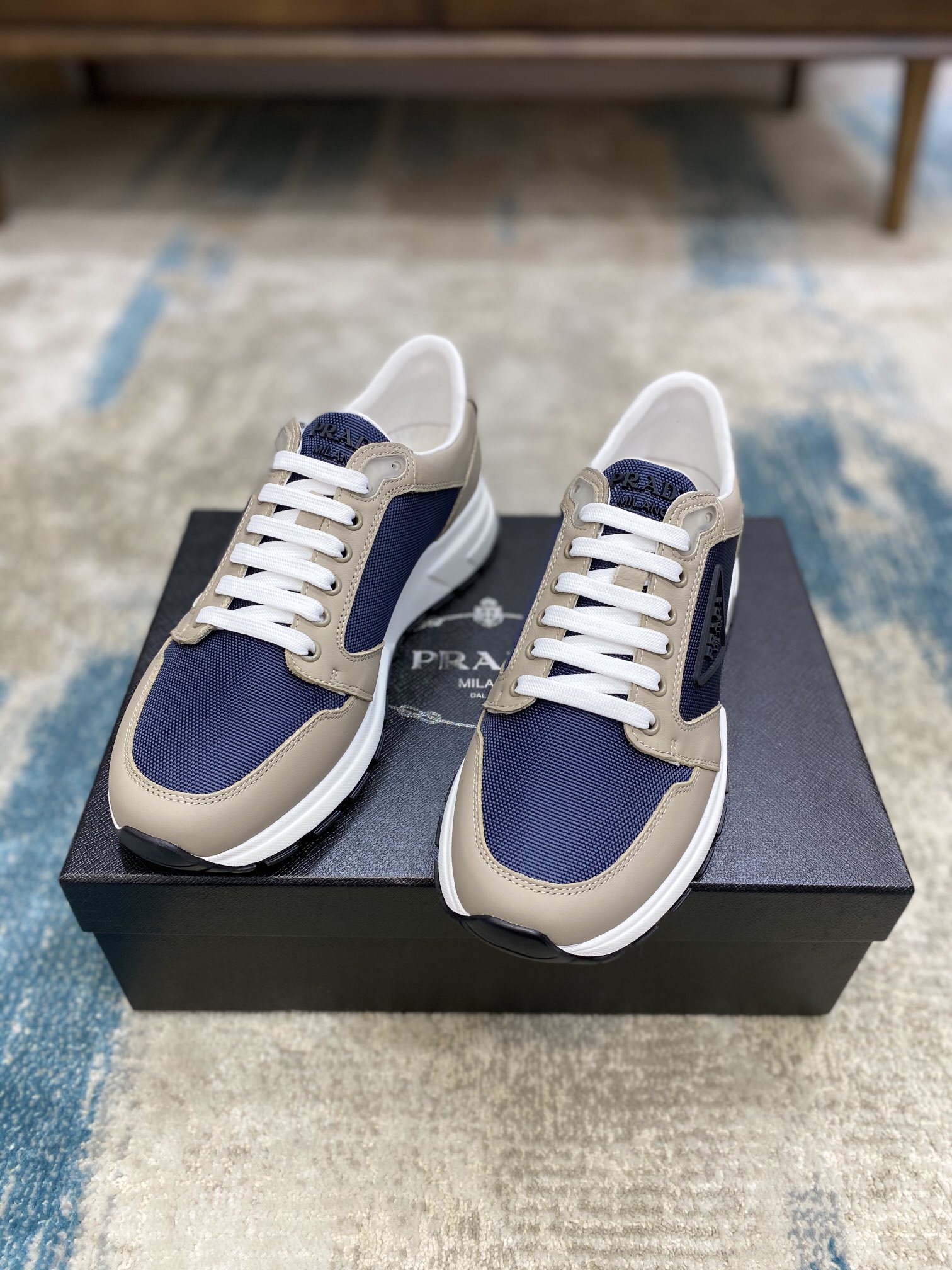 Prada Leisure Sneaker in Blue with Brown