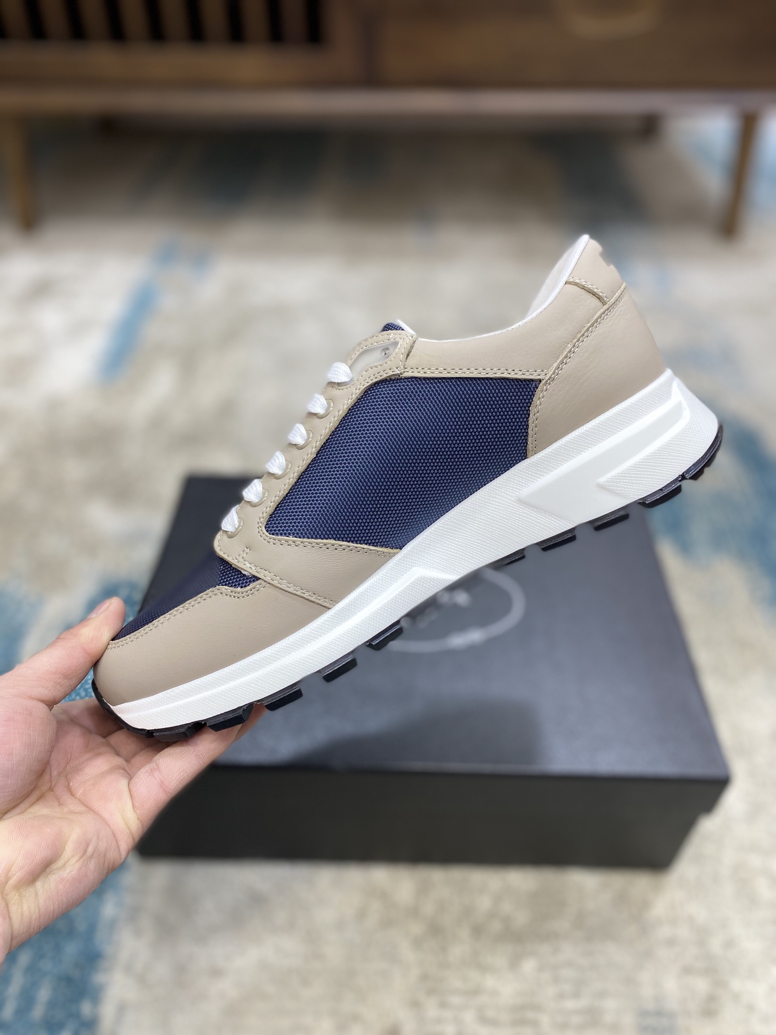 Prada Leisure Sneaker in Blue with Brown