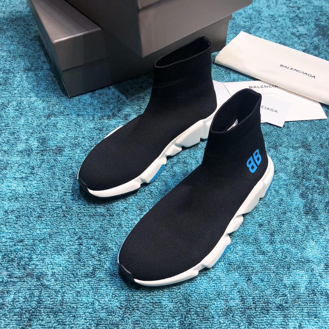 Balenciaga Speed Knitted socks High Quality Sneakers Black and BB printing with blue sole detail WS980033