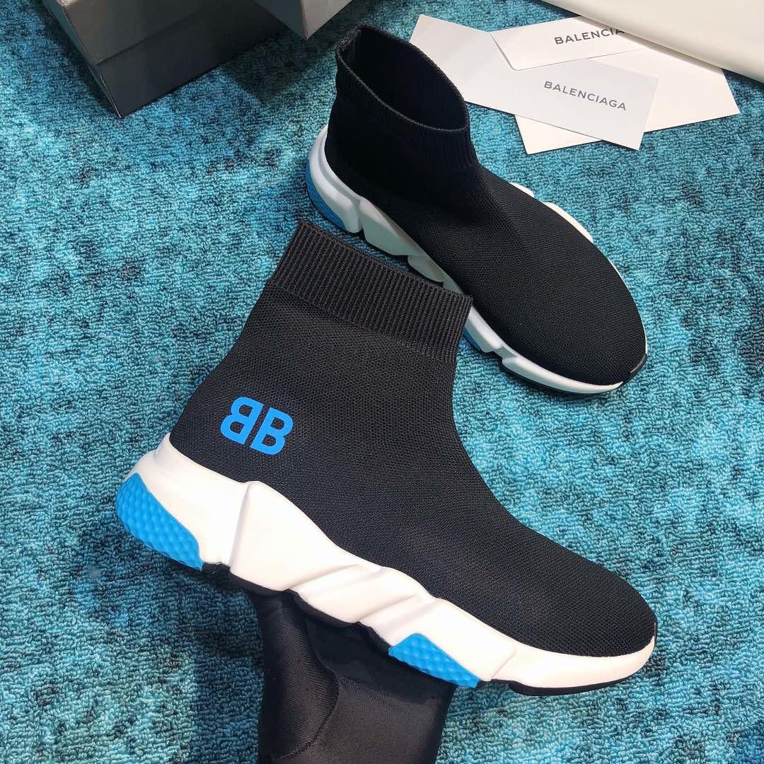 Balenciaga Speed Knitted socks High Quality Sneakers Black and BB printing with blue sole detail WS980033