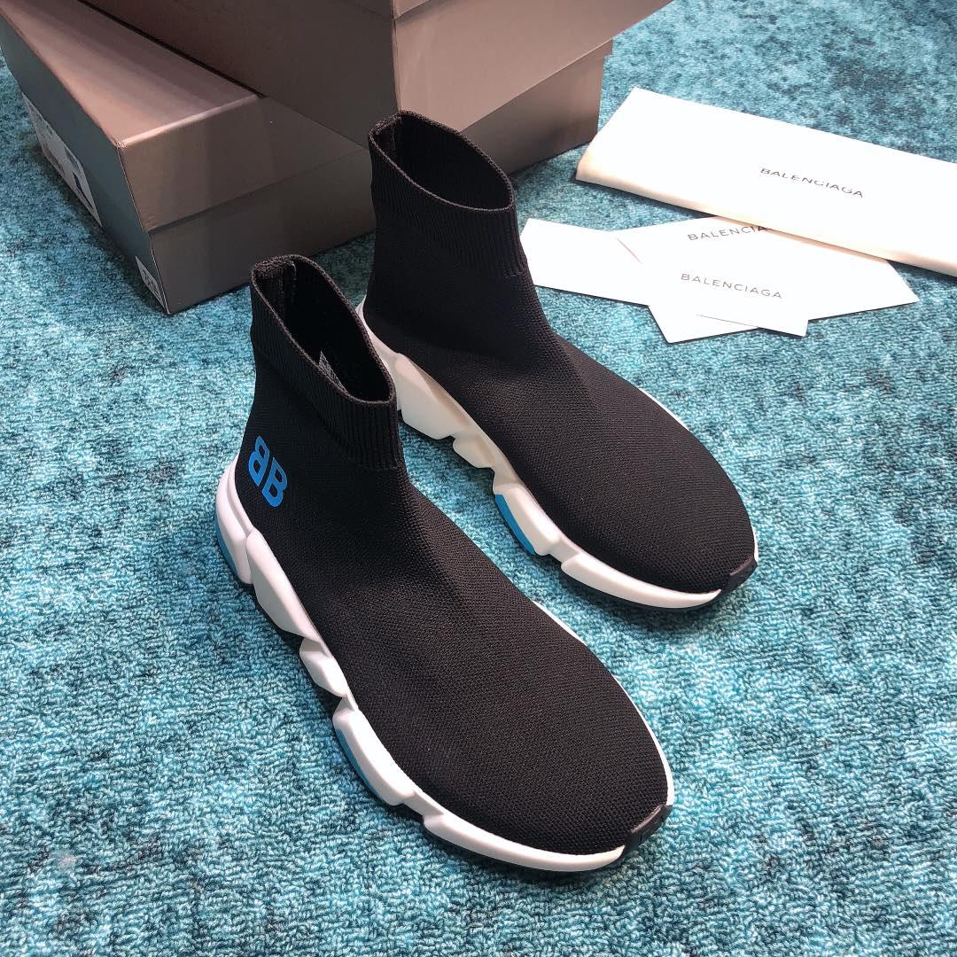 Balenciaga Speed Knitted socks High Quality Sneakers Black and BB printing with blue sole detail WS980033