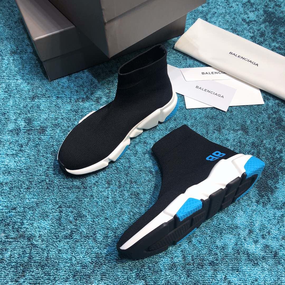 Balenciaga Speed Knitted socks High Quality Sneakers Black and BB printing with blue sole detail WS980033