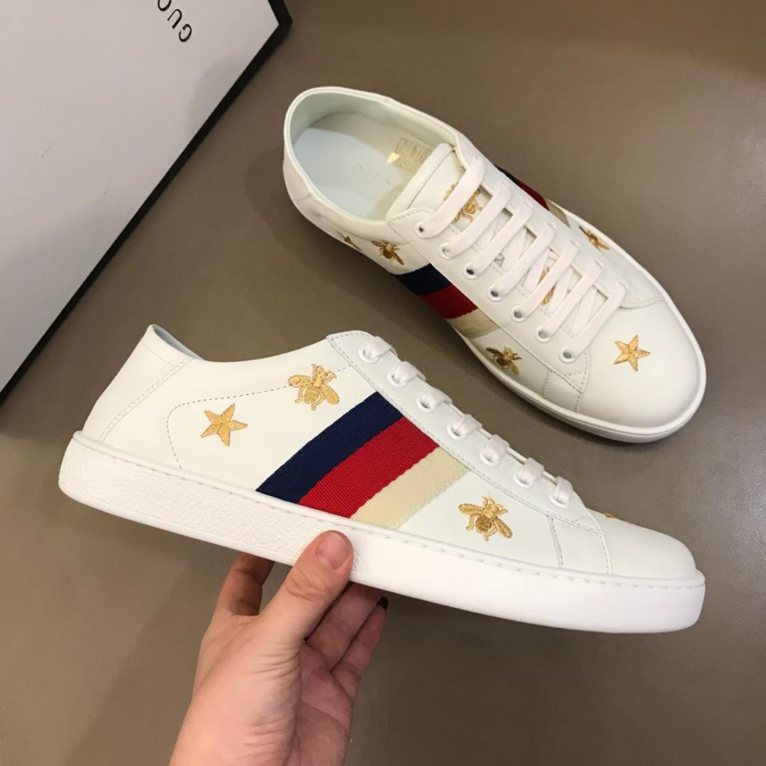 Gucci Perfect Quality Sneakers White with gold bee pattern and Blue White and Red Web with White rubber sole MS02672