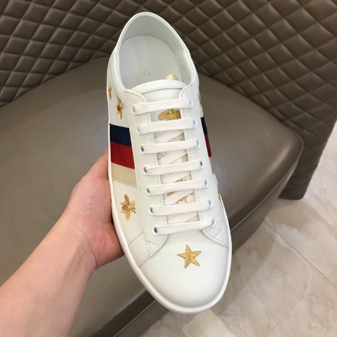 Gucci Perfect Quality Sneakers White with gold bee pattern and Blue White and Red Web with White rubber sole MS02672