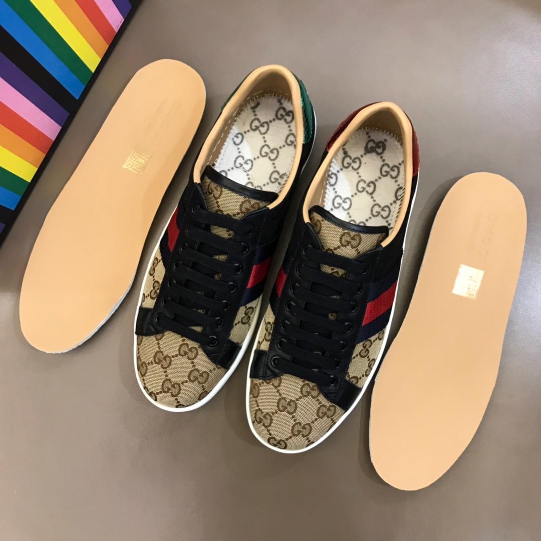 Gucci Perfect Quality Sneakers Brown and black GG pattern stitching and Black and Red Web withWhite rubber sole MS02669