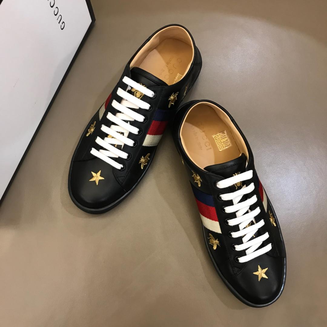 Gucci Perfect Quality Sneakers Black with gold bee pattern and Blue White and Red Web with Black rubber sole MS02671