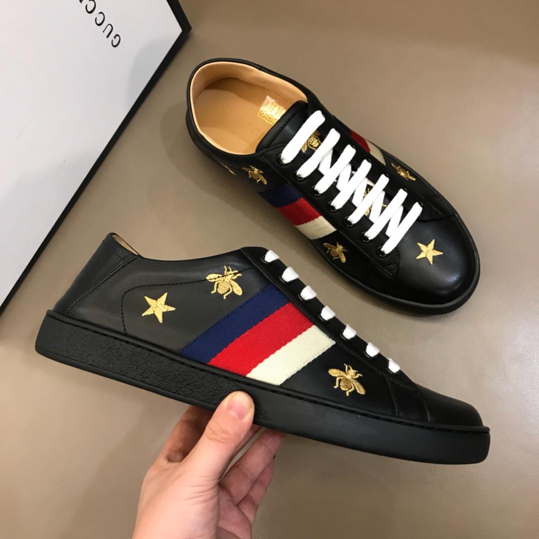 Gucci Perfect Quality Sneakers Black with gold bee pattern and Blue White and Red Web with Black rubber sole MS02671