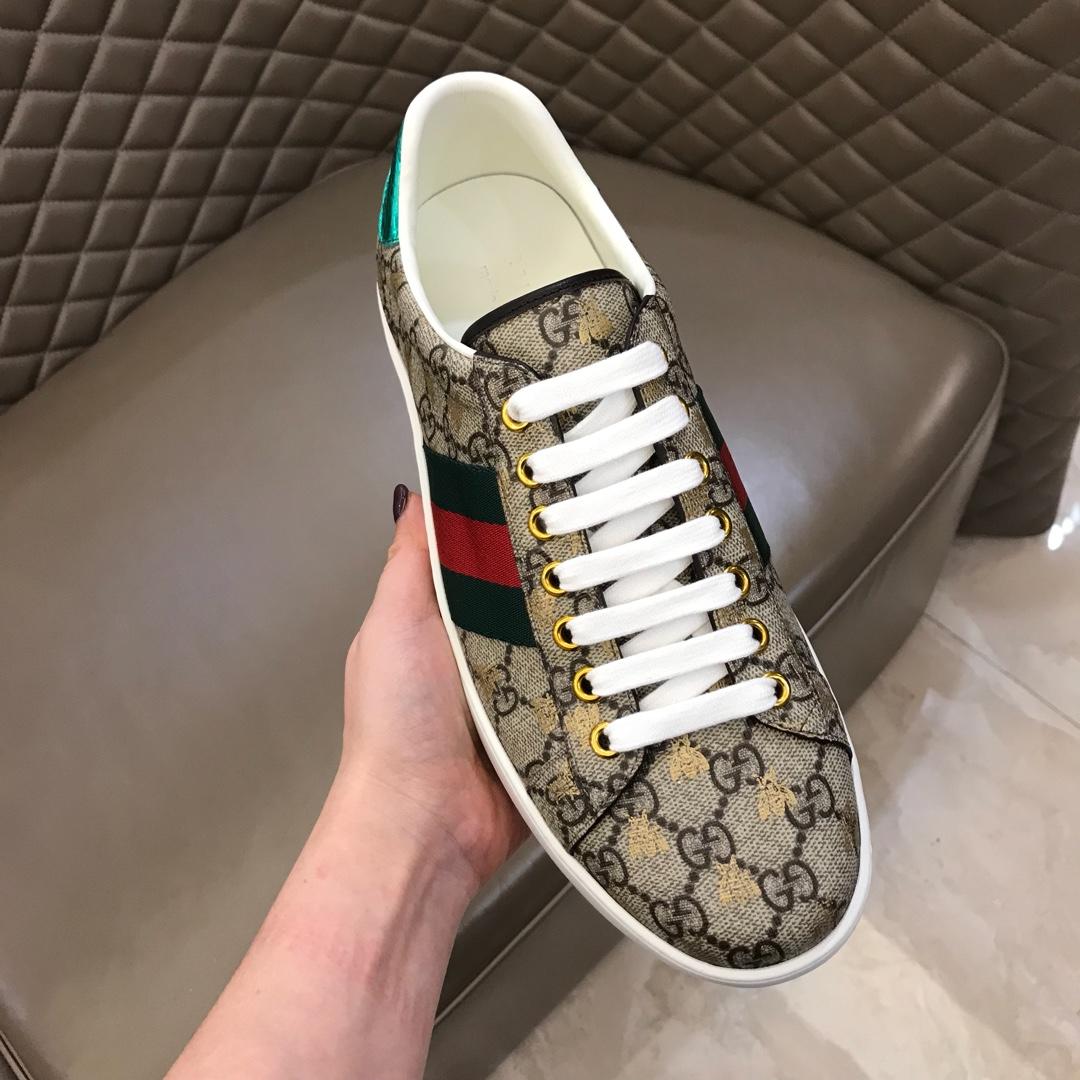Gucci Perfect Quality Sneakers Beige GG with gold bee pattern and Green and Red Web with White rubber sole MS02670